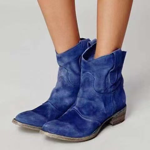 ROMANE | Bottines western en cuir velours — talon bloc et tirants latéraux