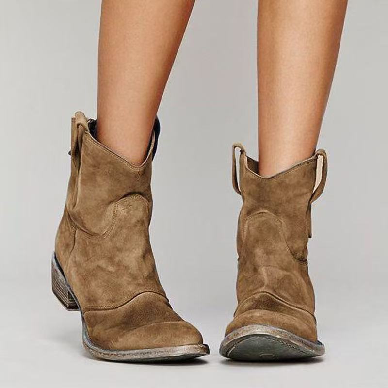 ROMANE | Bottines western en cuir velours — talon bloc et tirants latéraux