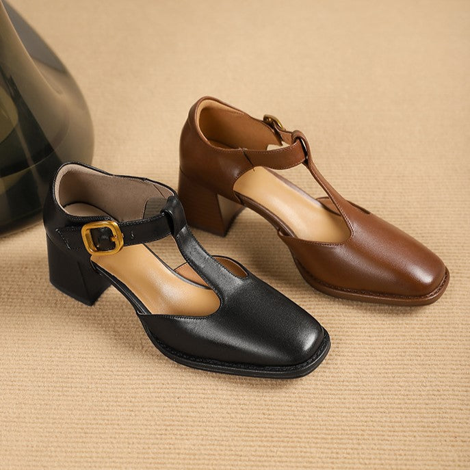 Margaux | Escarpins à bride en T en cuir, talon carré