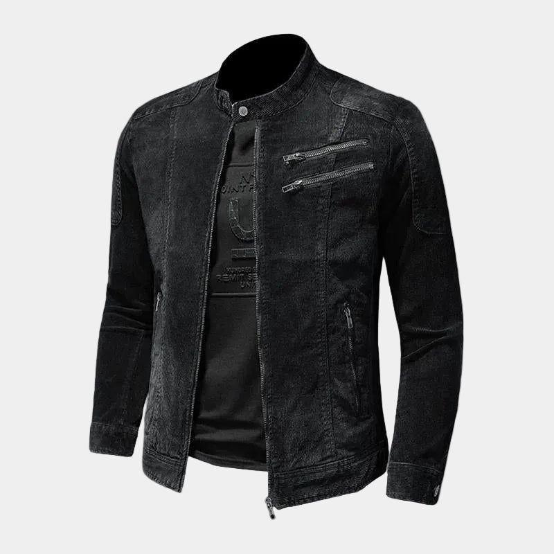 CYPRIEN | Veste denim noir — col officier et inspiration café racer