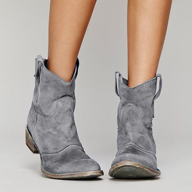 ROMANE | Bottines western en cuir velours — talon bloc et tirants latéraux