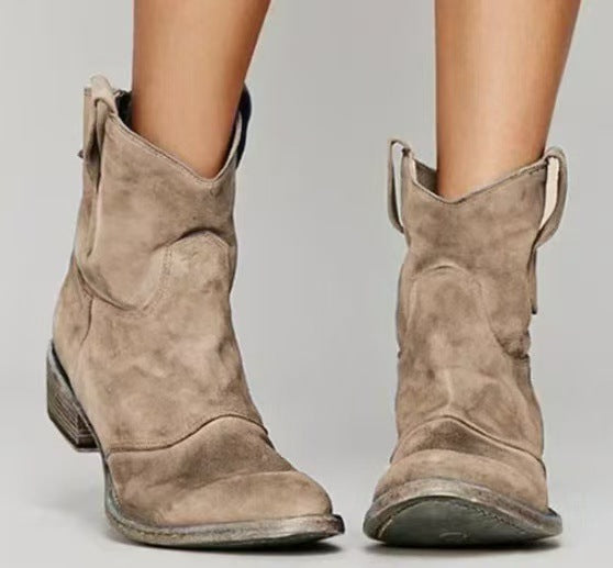 ROMANE | Bottines western en cuir velours — talon bloc et tirants latéraux