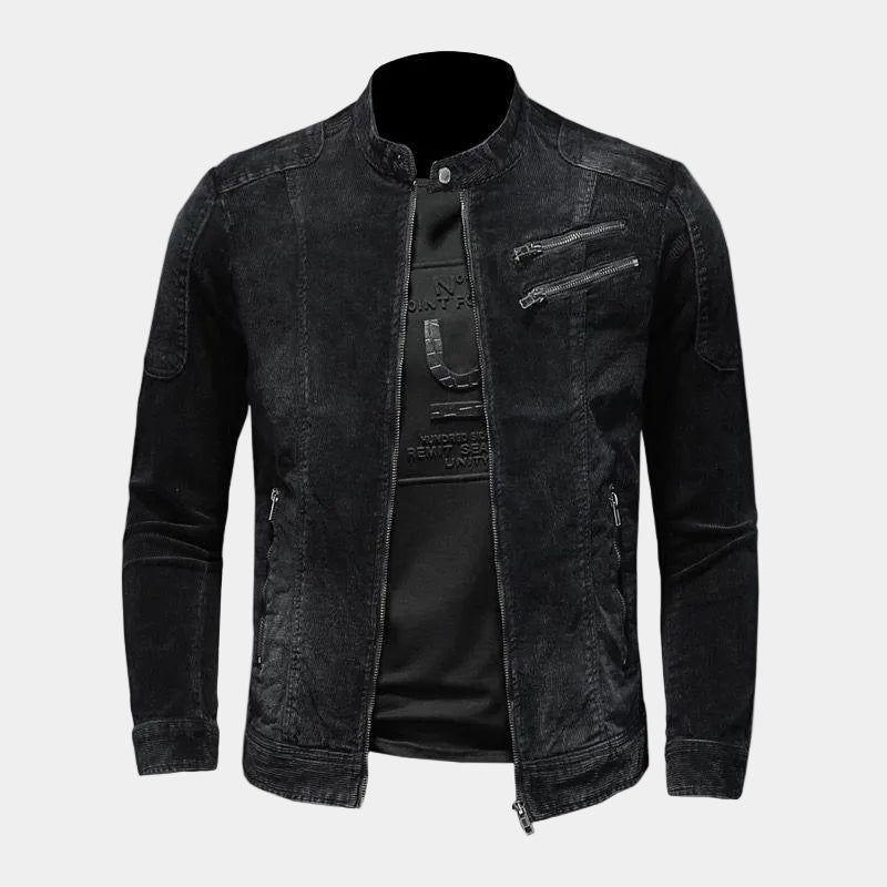 CYPRIEN | Veste denim noir — col officier et inspiration café racer