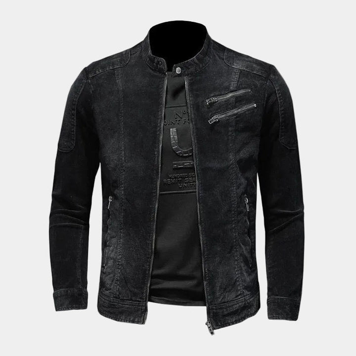CYPRIEN | Veste denim noir — col officier et inspiration café racer