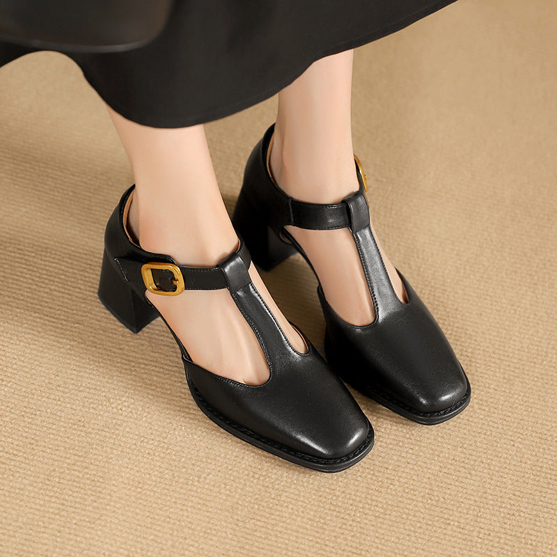 Margaux | Escarpins à bride en T en cuir, talon carré