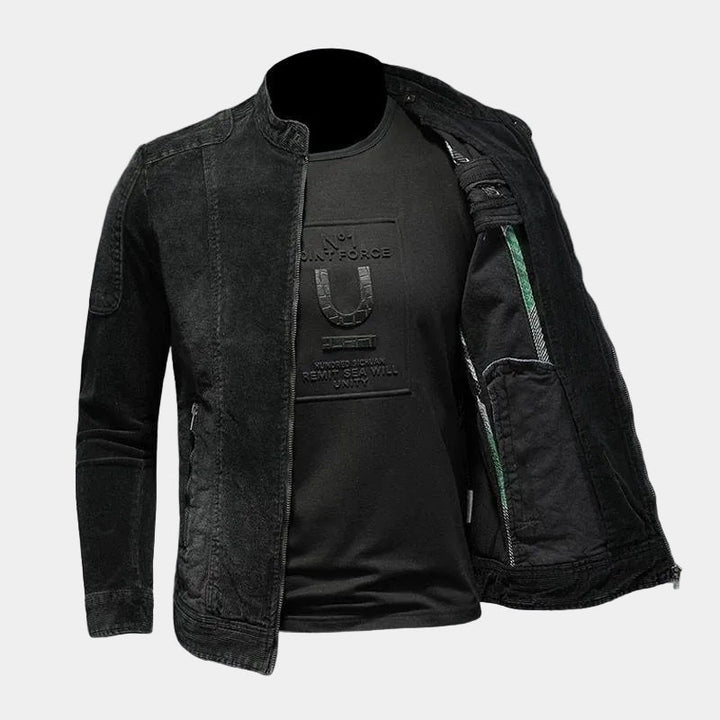 CYPRIEN | Veste denim noir — col officier et inspiration café racer