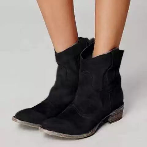 ROMANE | Bottines western en cuir velours — talon bloc et tirants latéraux
