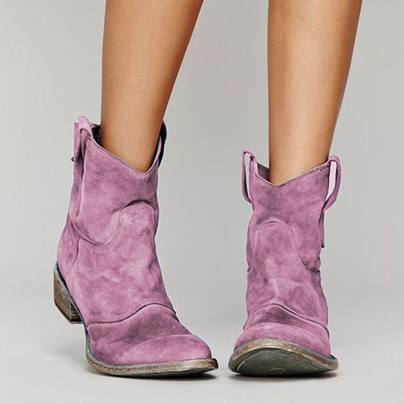 ROMANE | Bottines western en cuir velours — talon bloc et tirants latéraux