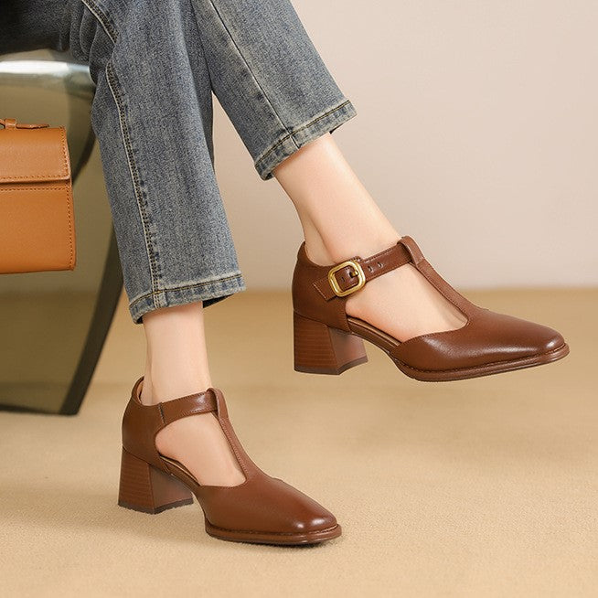 Margaux | Escarpins à bride en T en cuir, talon carré