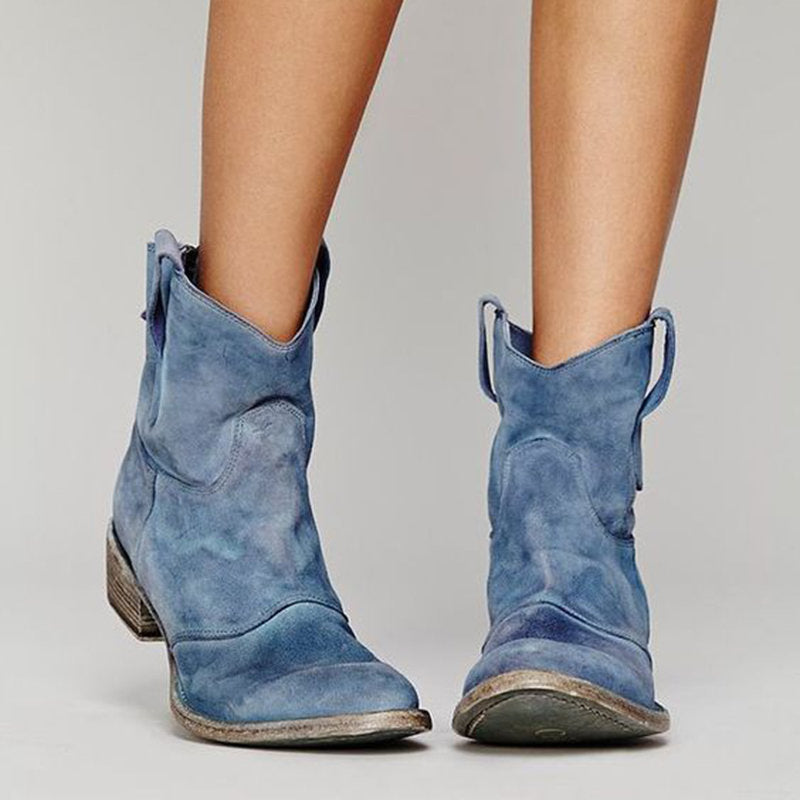 ROMANE | Bottines western en cuir velours — talon bloc et tirants latéraux