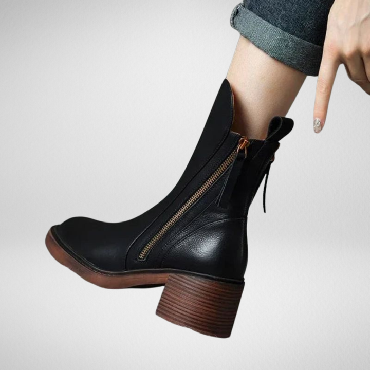 Valorine | Botte en cuir noire avec un talon confortable, élégante et intemporelle