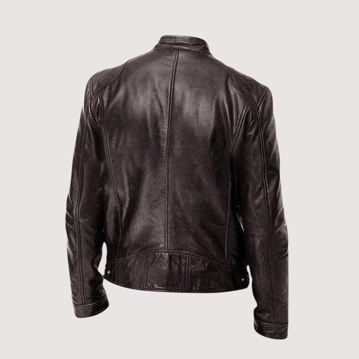 DENIS | Blouson café racer en cuir véritable — zip frontal