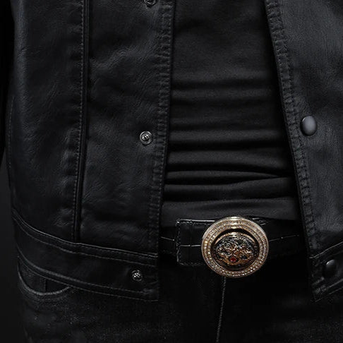 CHRISTOPHE | Veste trucker en cuir grainé — boutonnage pression