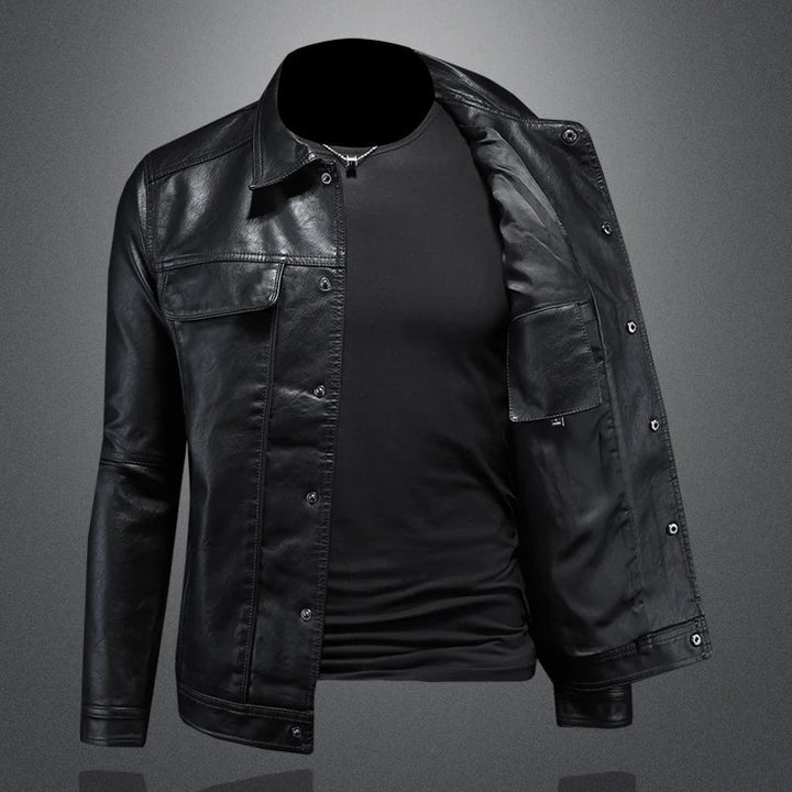 CHRISTOPHE | Veste trucker en cuir grainé — boutonnage pression