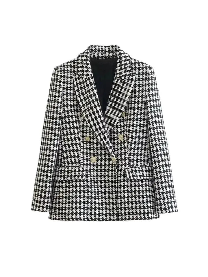 Camille Cannes | Blazer Femme Pied-de-Poule Vintage, Double Boutonnage, Élégant
