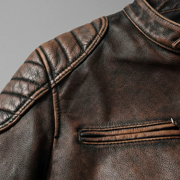 EDMOND | Blouson café racer en cuir patiné — épaules matelassées
