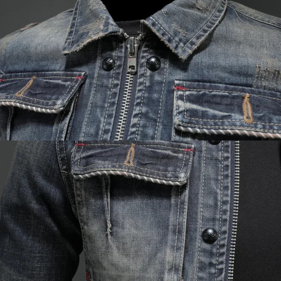 THIERRY | Veste en denim lavé — double fermeture zip et boutons