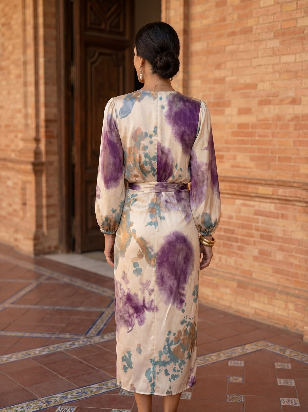 Valérie | Robe midi satinée à imprimé aquarelle, manches ballon
