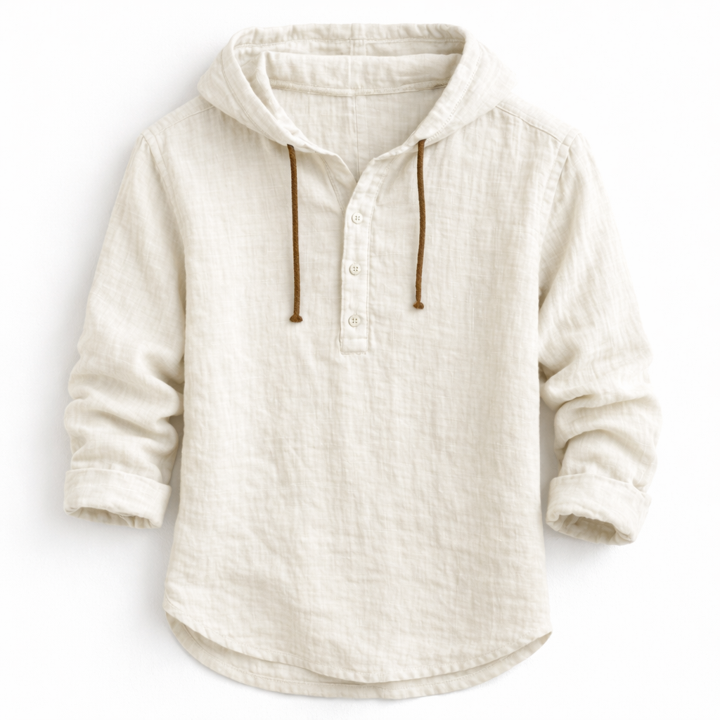 VICTOR | Chemise à capuche en lin — col henley, trois boutons