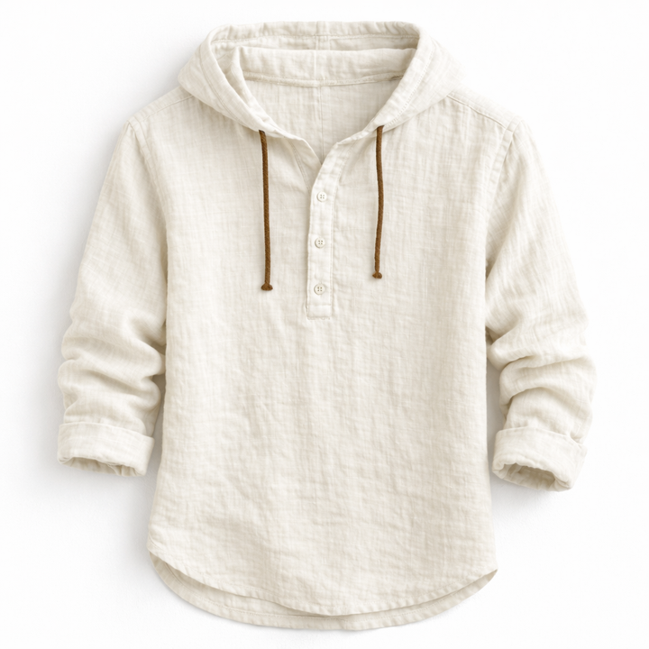 VICTOR | Chemise à capuche en lin — col henley, trois boutons