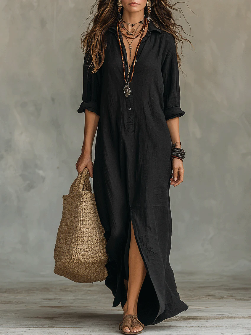 Camille | Robe longue en lin mélangé, coupe chemisier fluide