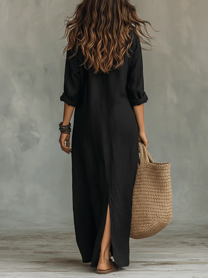 Camille | Robe longue en lin mélangé, coupe chemisier fluide