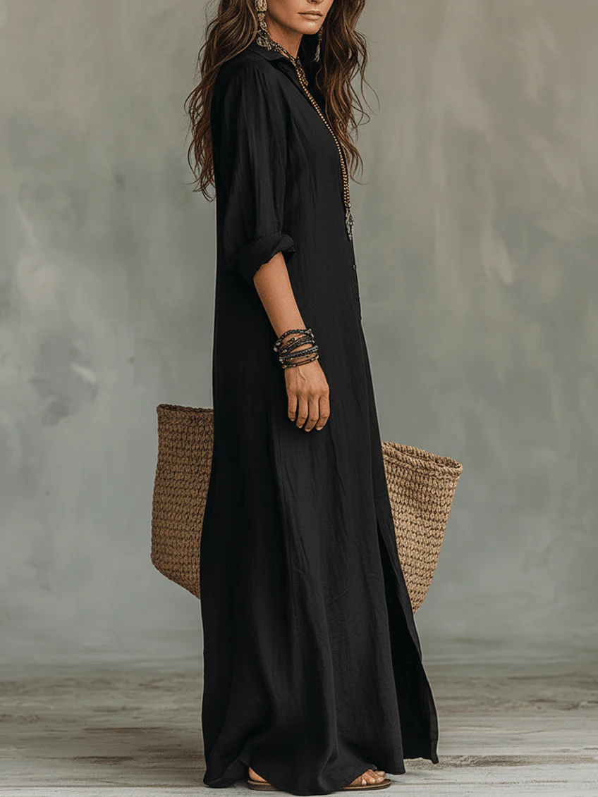 Camille | Robe longue en lin mélangé, coupe chemisier fluide