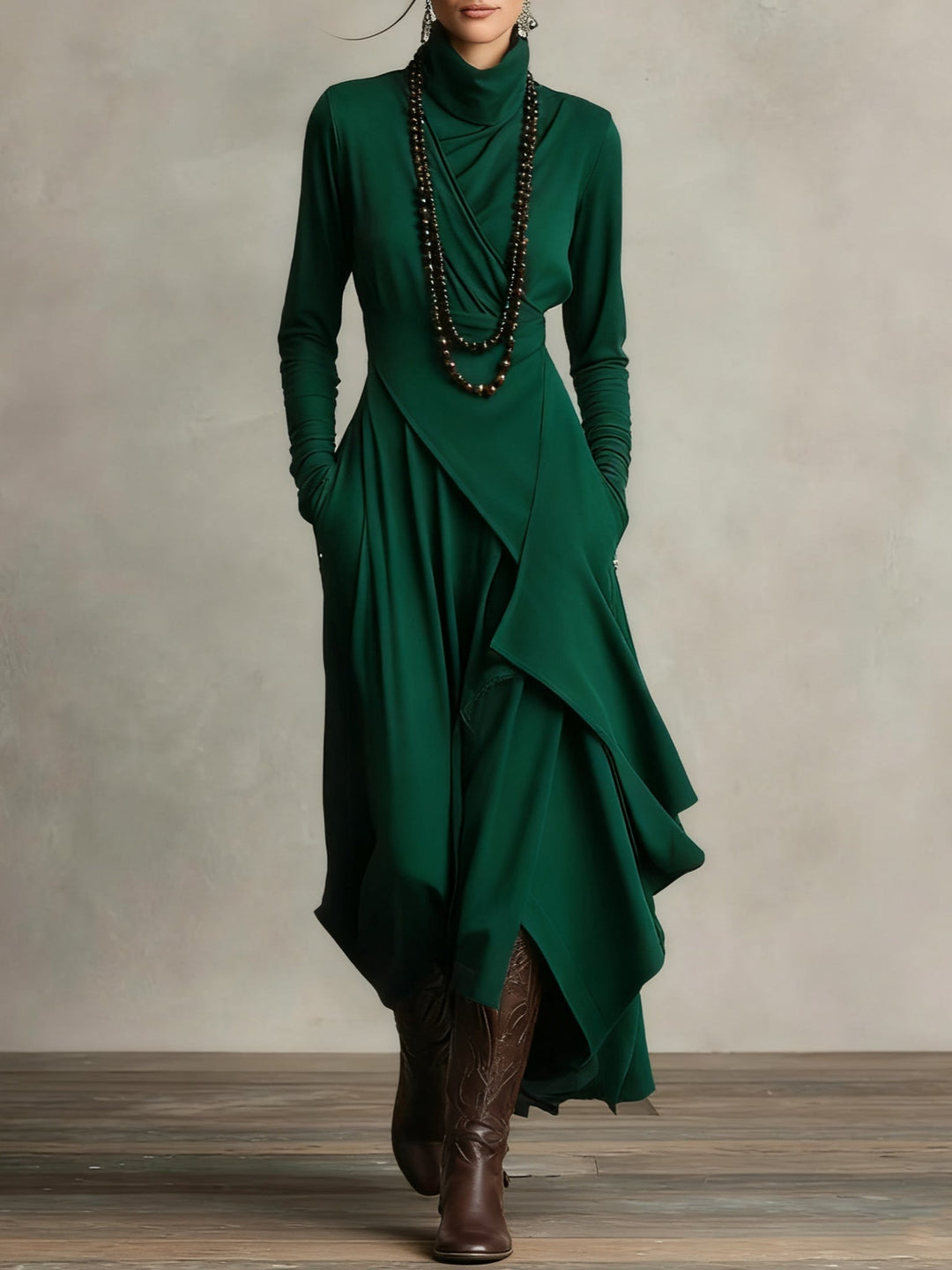 Robe Amélie | Drapé Asymétrique & Col Montant - Élégance Bohème