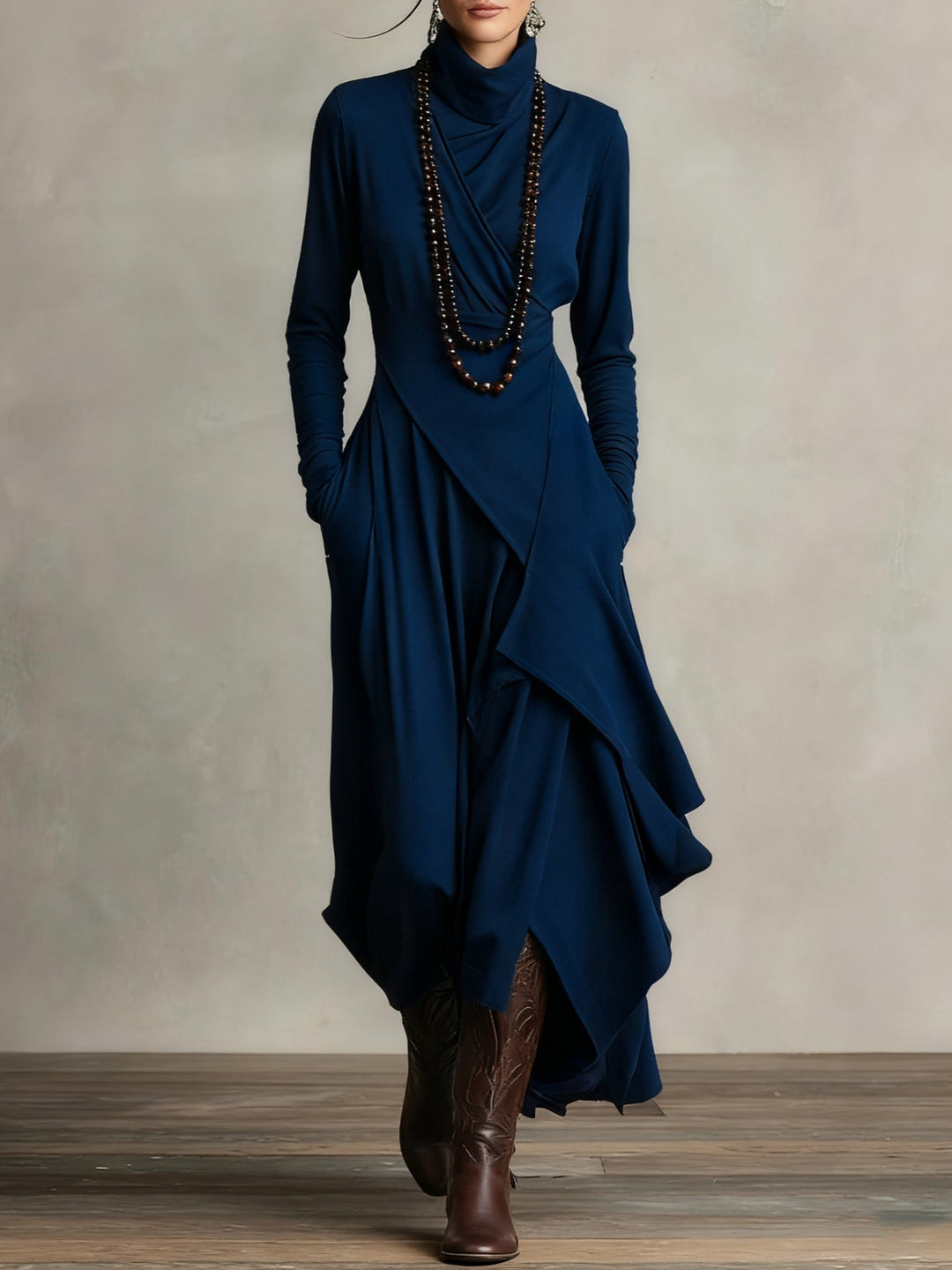 Robe Amélie | Drapé Asymétrique & Col Montant - Élégance Bohème