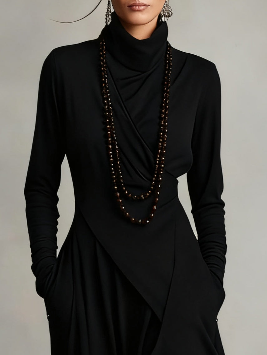 Robe Amélie | Drapé Asymétrique & Col Montant - Élégance Bohème