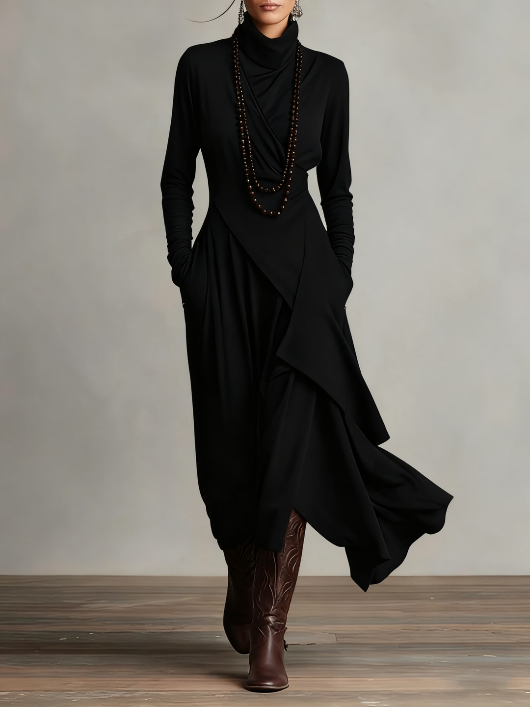 Robe Amélie | Drapé Asymétrique & Col Montant - Élégance Bohème