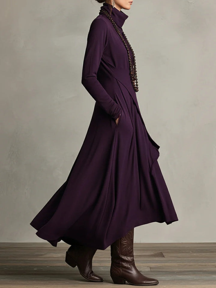 Robe Amélie | Drapé Asymétrique & Col Montant - Élégance Bohème