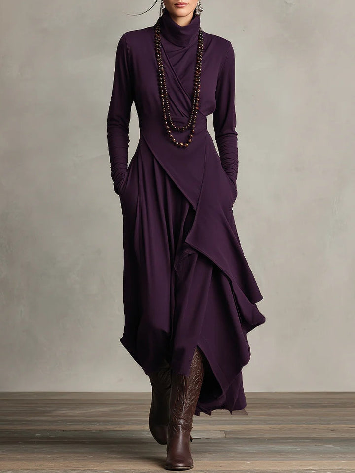 Robe Amélie | Drapé Asymétrique & Col Montant - Élégance Bohème