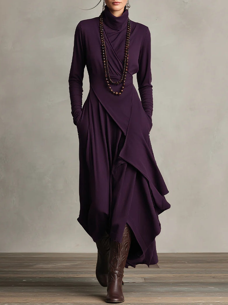 Robe Amélie | Drapé Asymétrique & Col Montant - Élégance Bohème