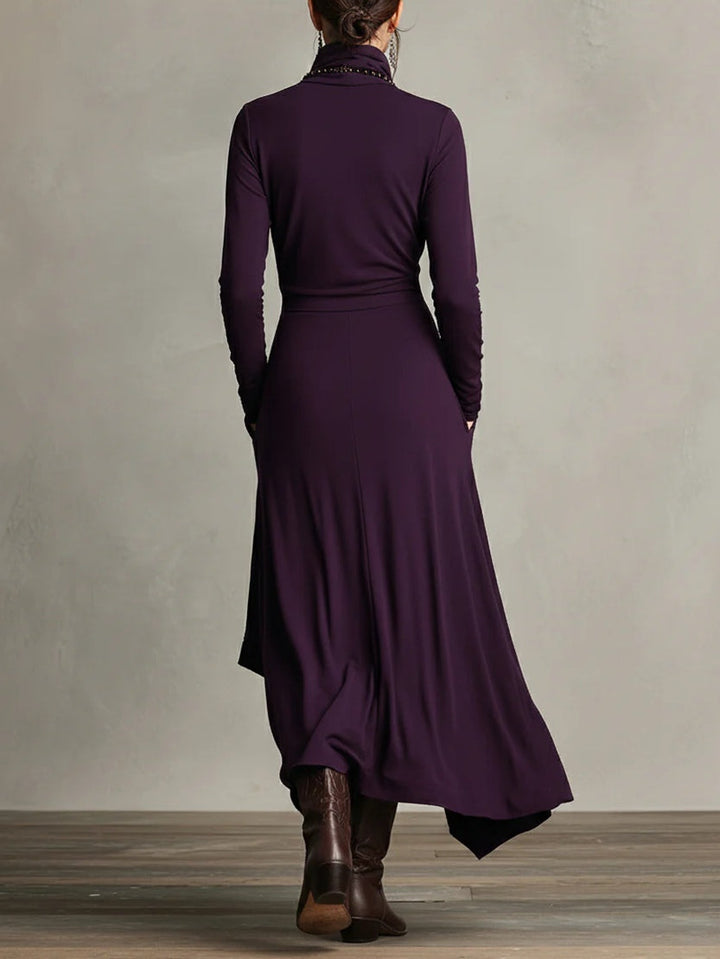 Robe Amélie | Drapé Asymétrique & Col Montant - Élégance Bohème