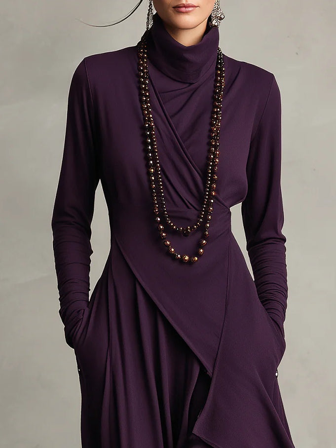 Robe Amélie | Drapé Asymétrique & Col Montant - Élégance Bohème