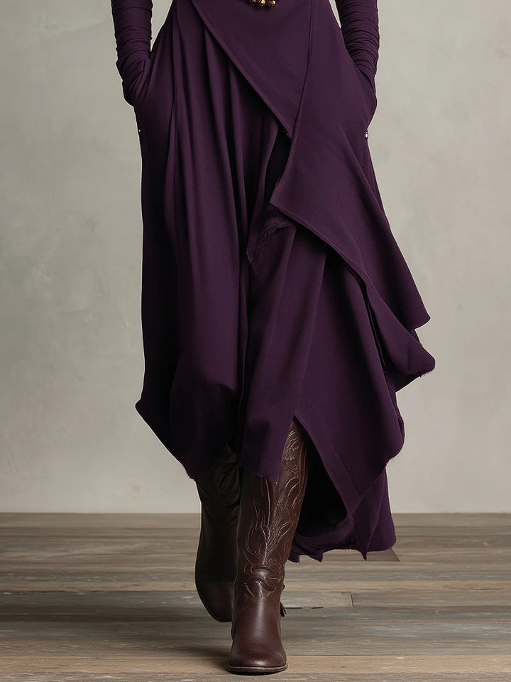 Robe Amélie | Drapé Asymétrique & Col Montant - Élégance Bohème