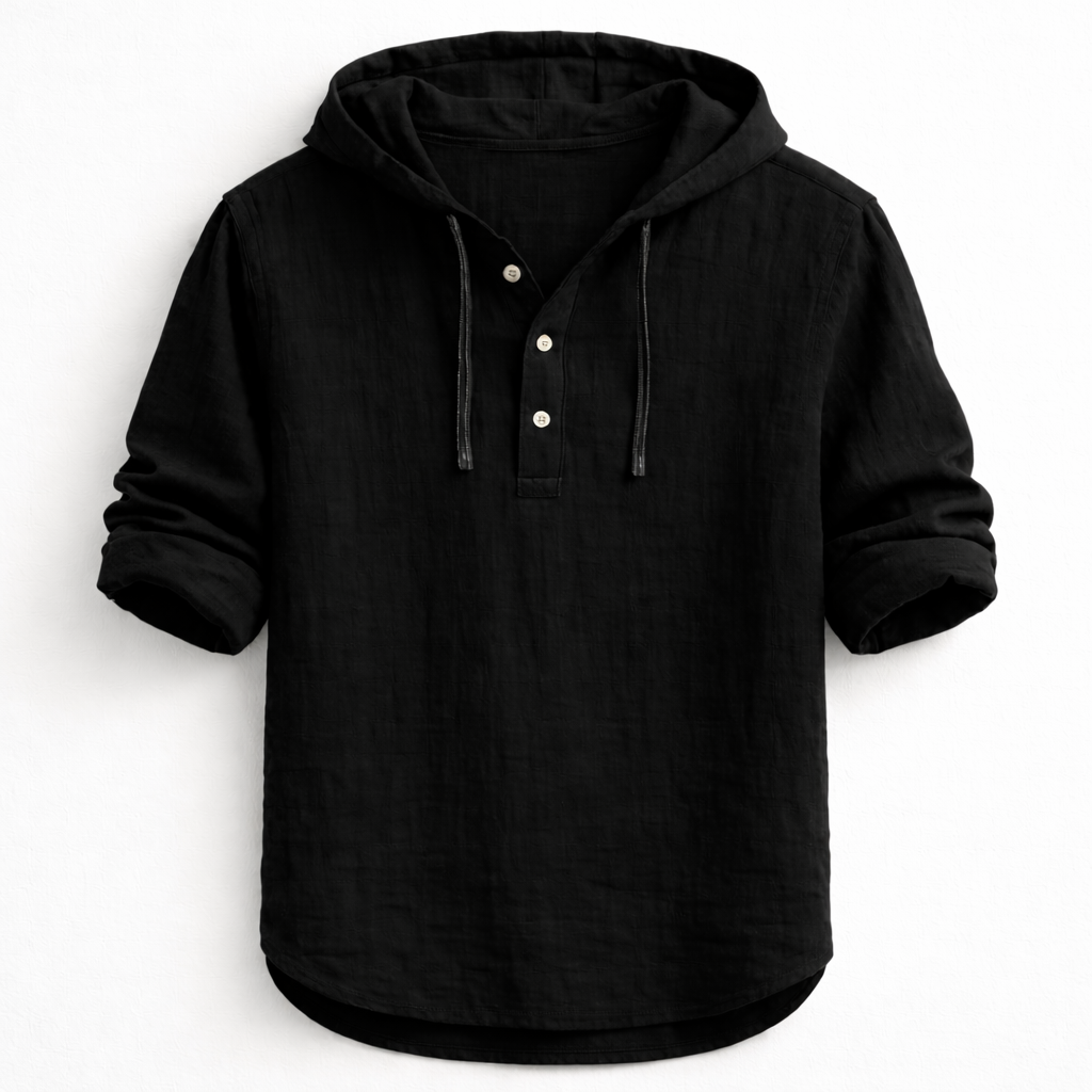 VICTOR | Chemise à capuche en lin — col henley, trois boutons