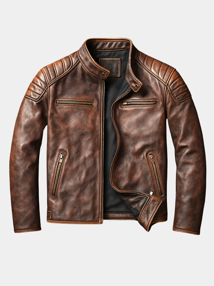 EDMOND | Blouson café racer en cuir patiné — épaules matelassées