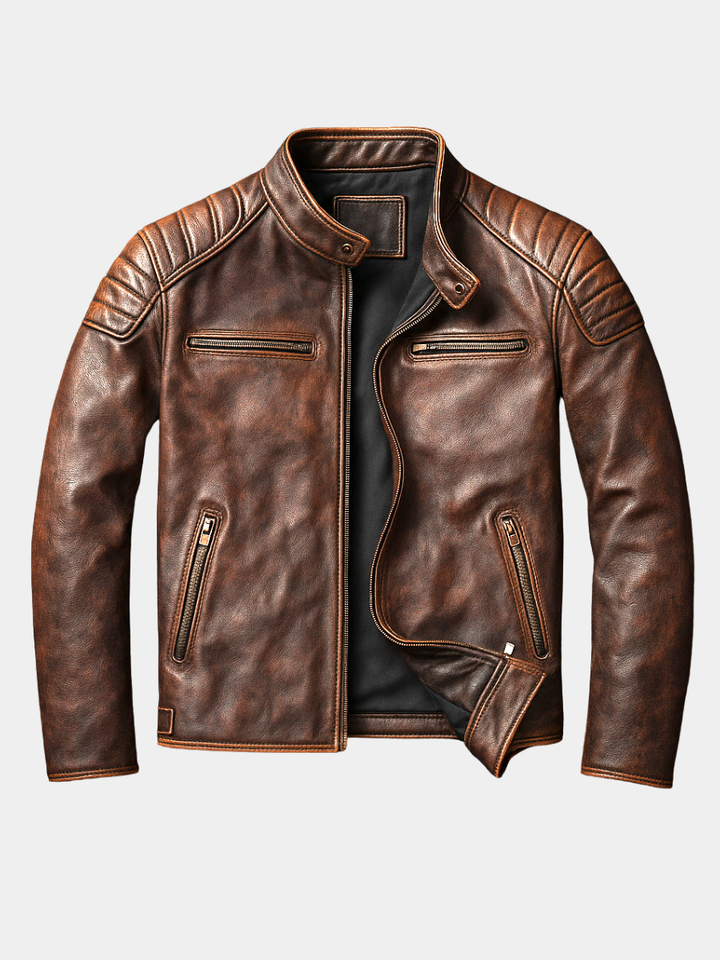 EDMOND | Blouson café racer en cuir patiné — épaules matelassées