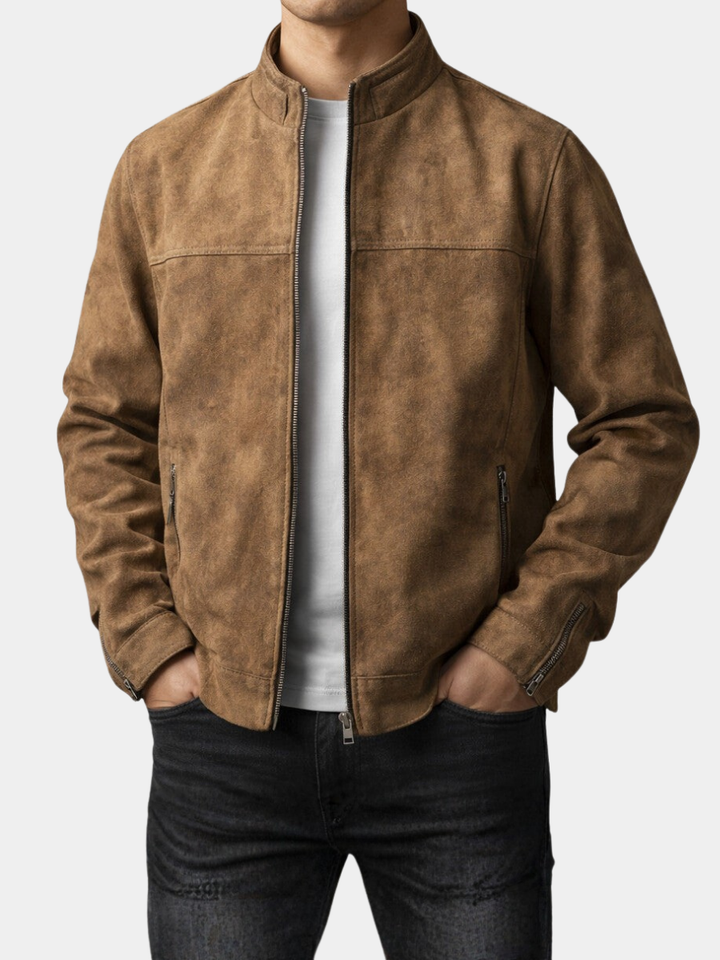 CLAUDE | Blouson en daim — col montant, finition vieillie