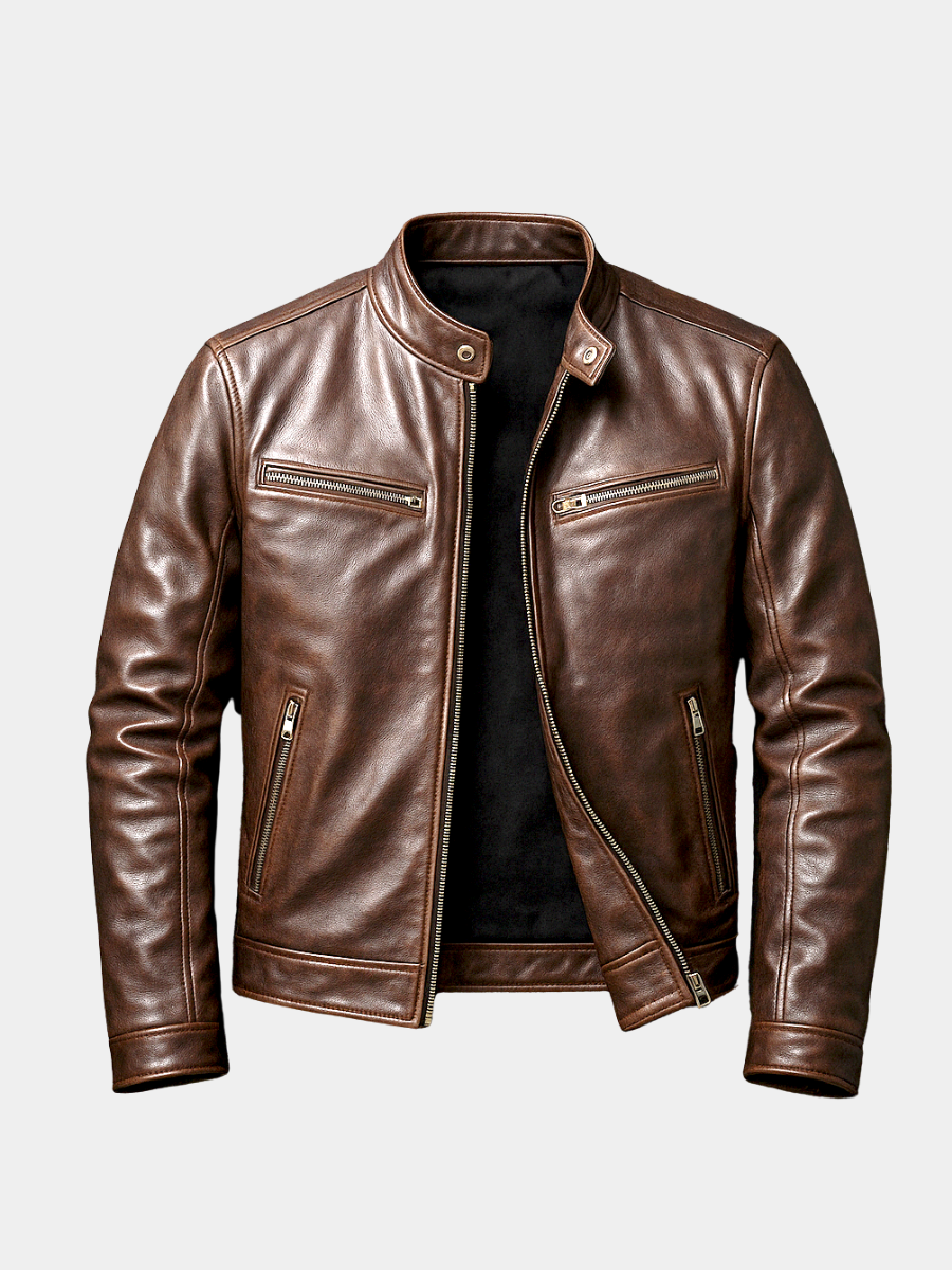 PIERRE | Veste café racer en cuir — col officier et poches zippées