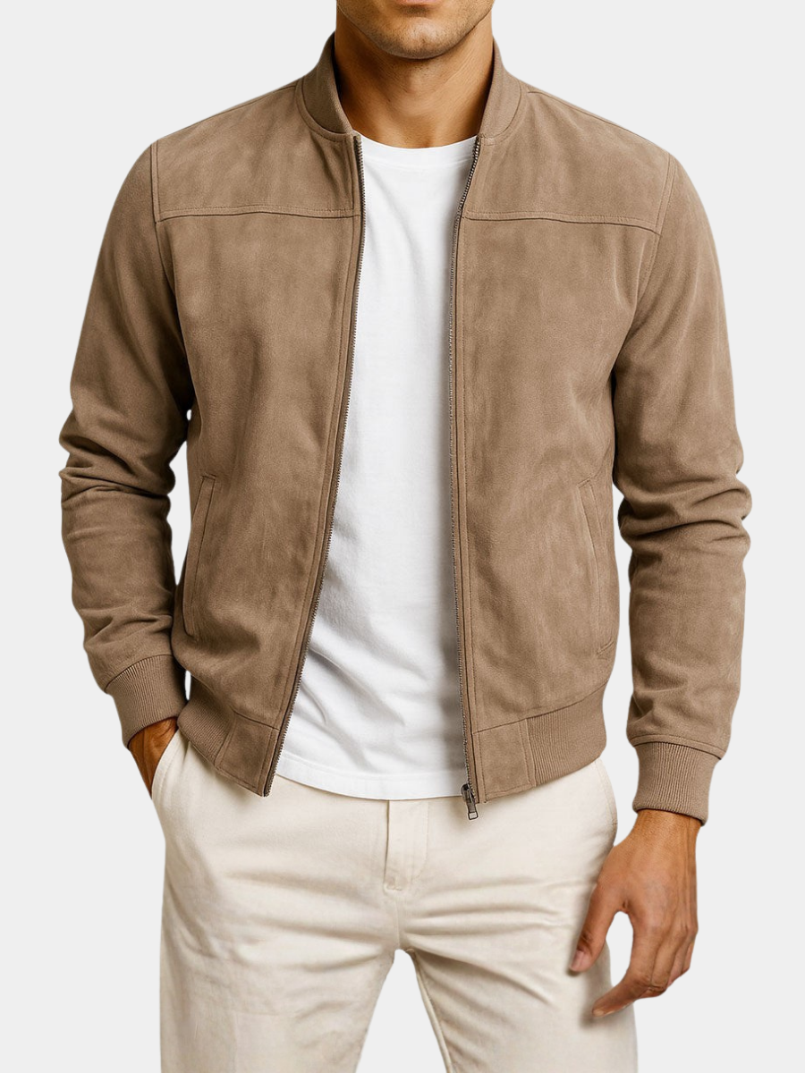 GUSTAVE | Blouson bomber en daim — col rond et finitions côtelées