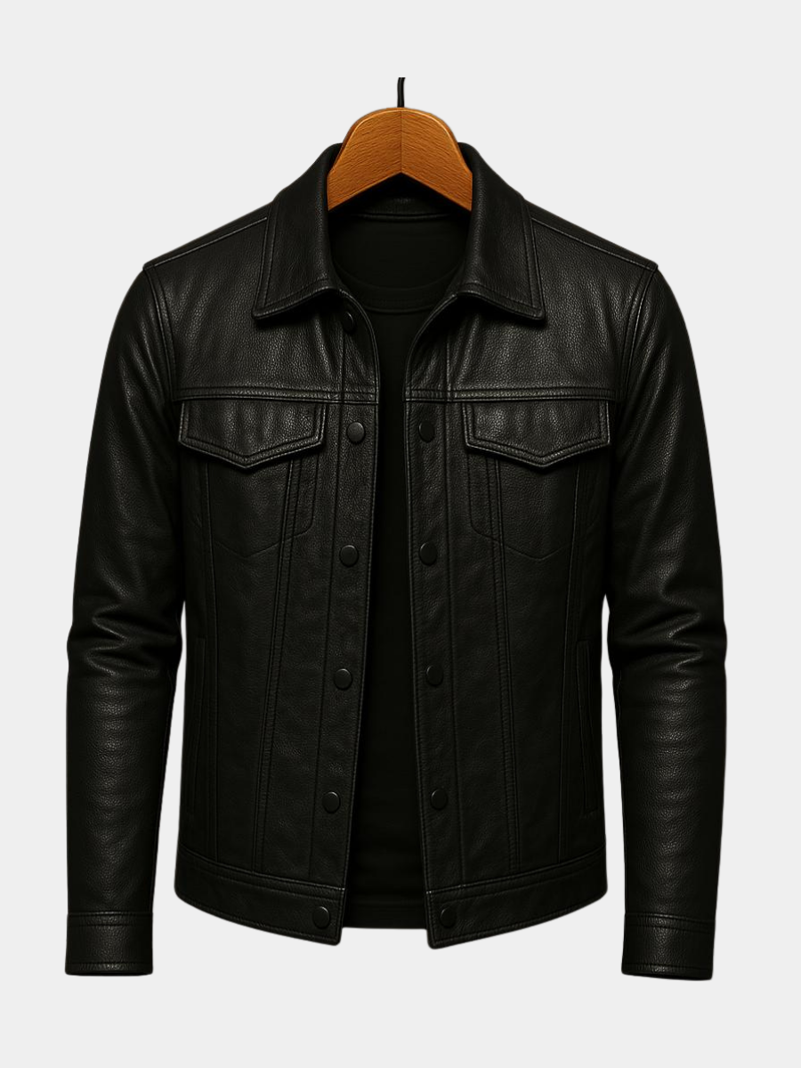 CHRISTOPHE | Veste trucker en cuir grainé — boutonnage pression