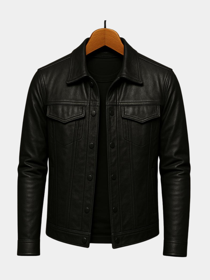 CHRISTOPHE | Veste trucker en cuir grainé — boutonnage pression