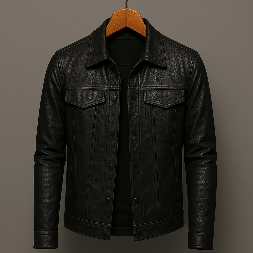 CHRISTOPHE | Veste trucker en cuir grainé — boutonnage pression