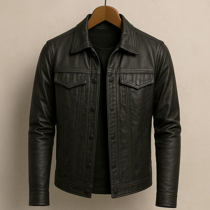 CHRISTOPHE | Veste trucker en cuir grainé — boutonnage pression