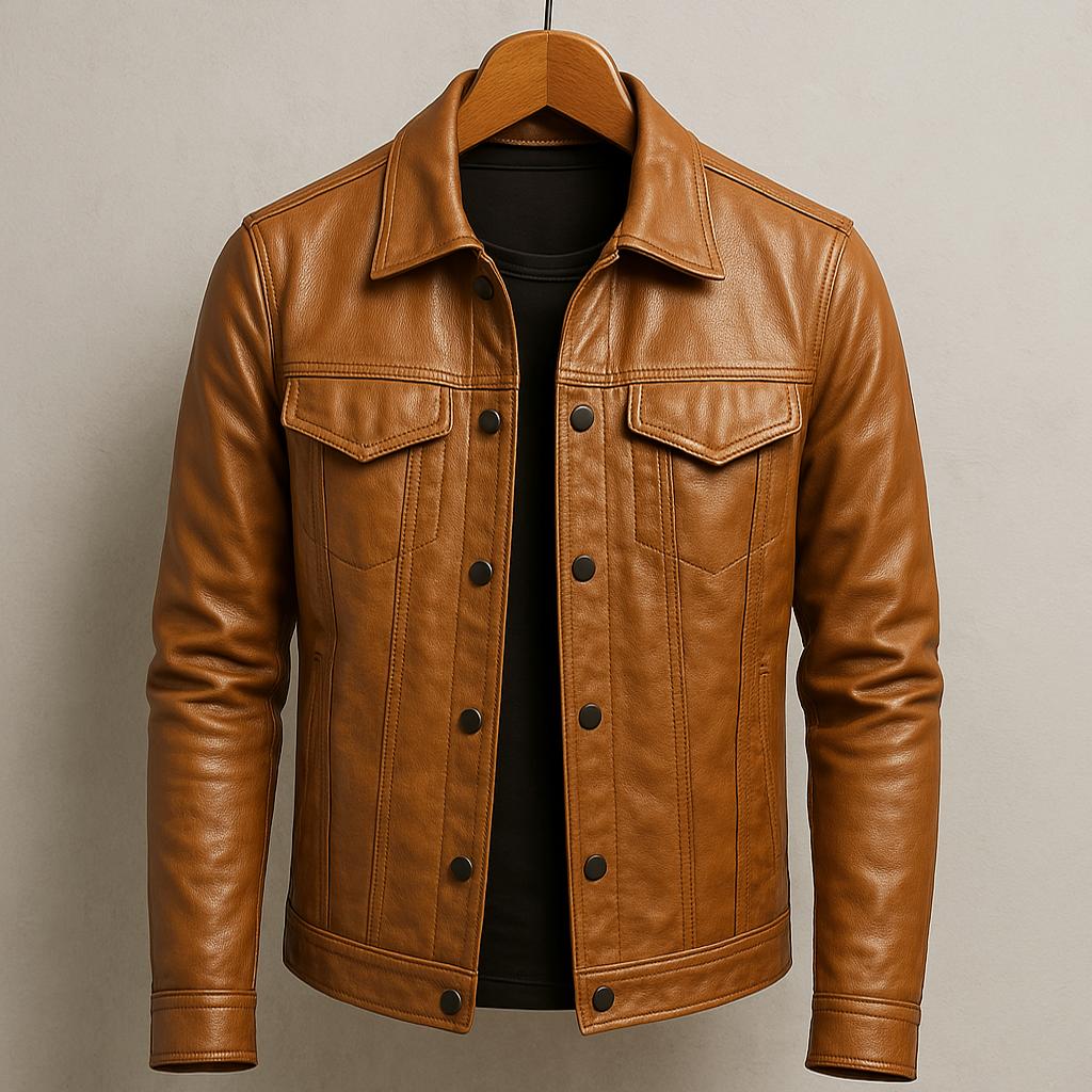 CHRISTOPHE | Veste trucker en cuir grainé — boutonnage pression