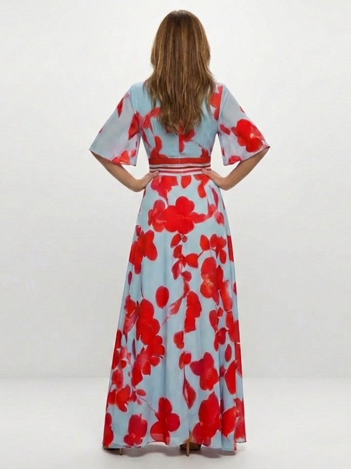 Corinne | Robe Maxi Fleurie à Col V et Manches Courtes