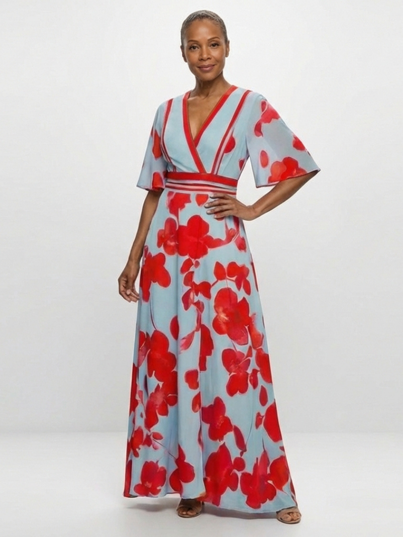 Corinne | Robe Maxi Fleurie à Col V et Manches Courtes